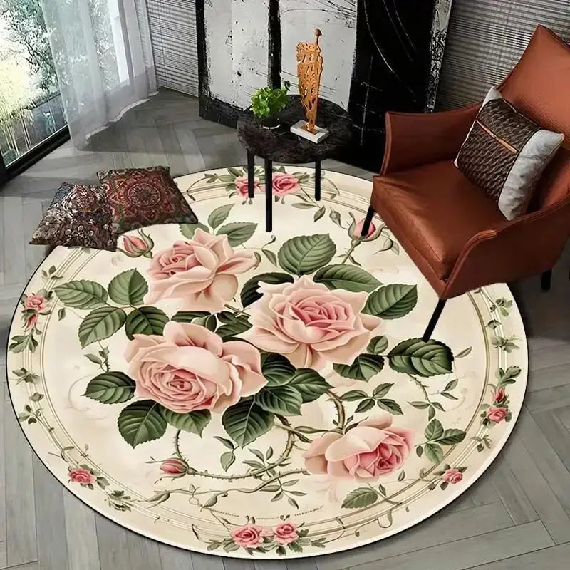 VIKAMA Pink Round Floral Rug Bedside Bedroom Guest Room Floor Cushion Luxury Home Decor