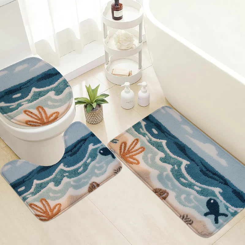Ocean themed floor mat set, bathroom anti slip mat, shower room small carpet, toilet seat mat, door mat, decorative mat