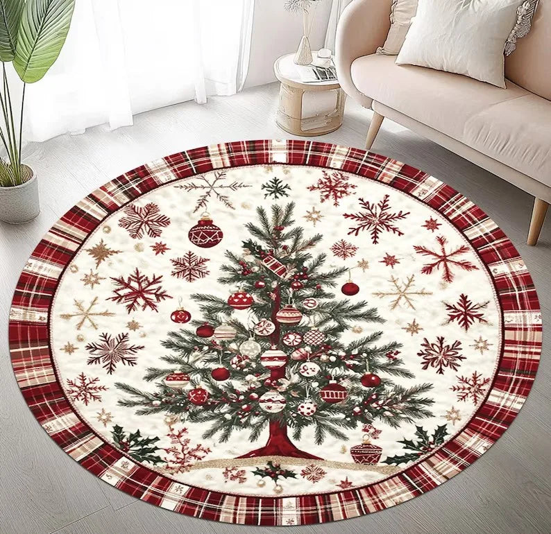 VIKAMA Festive Snowflake Christmas Tree Round Rug