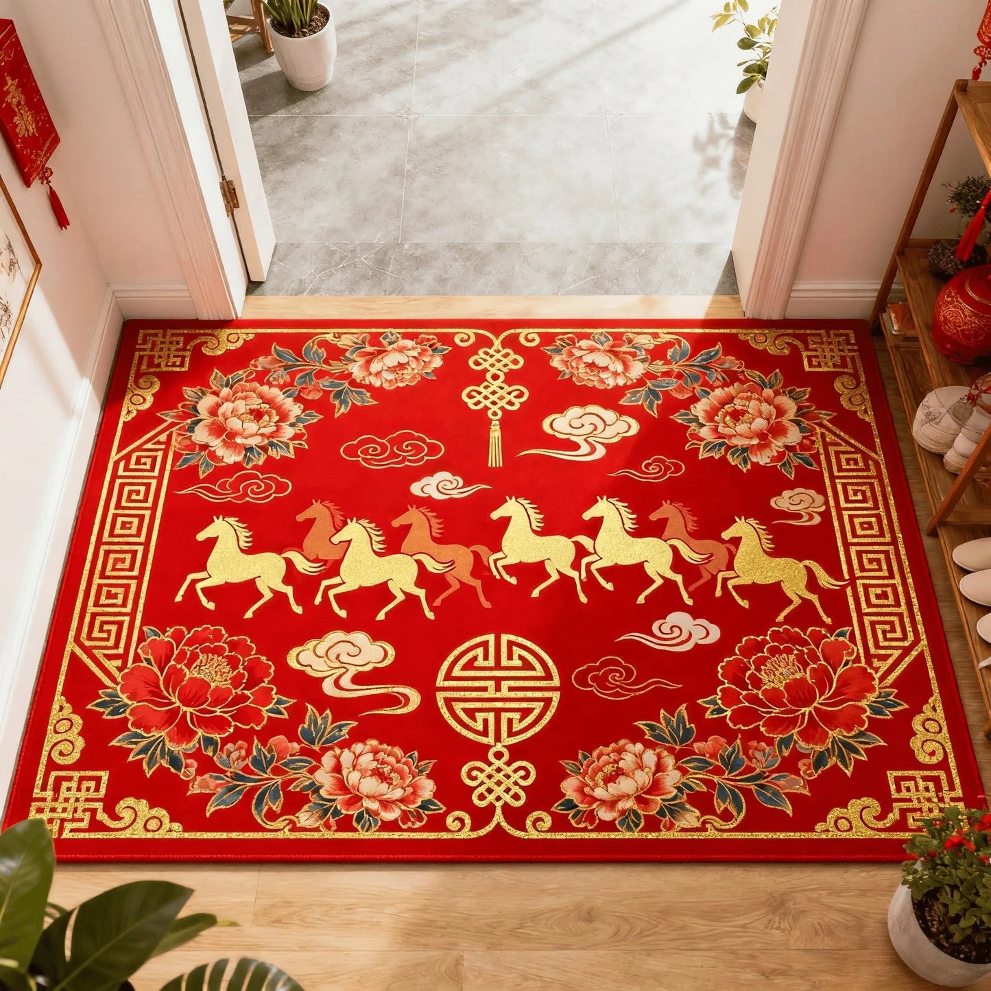 Chinese Style Red Horse Pattern Carpet Non-Slip Entrance Mat Living Room Home Decor Rug Chinese New Year Floor Mat
