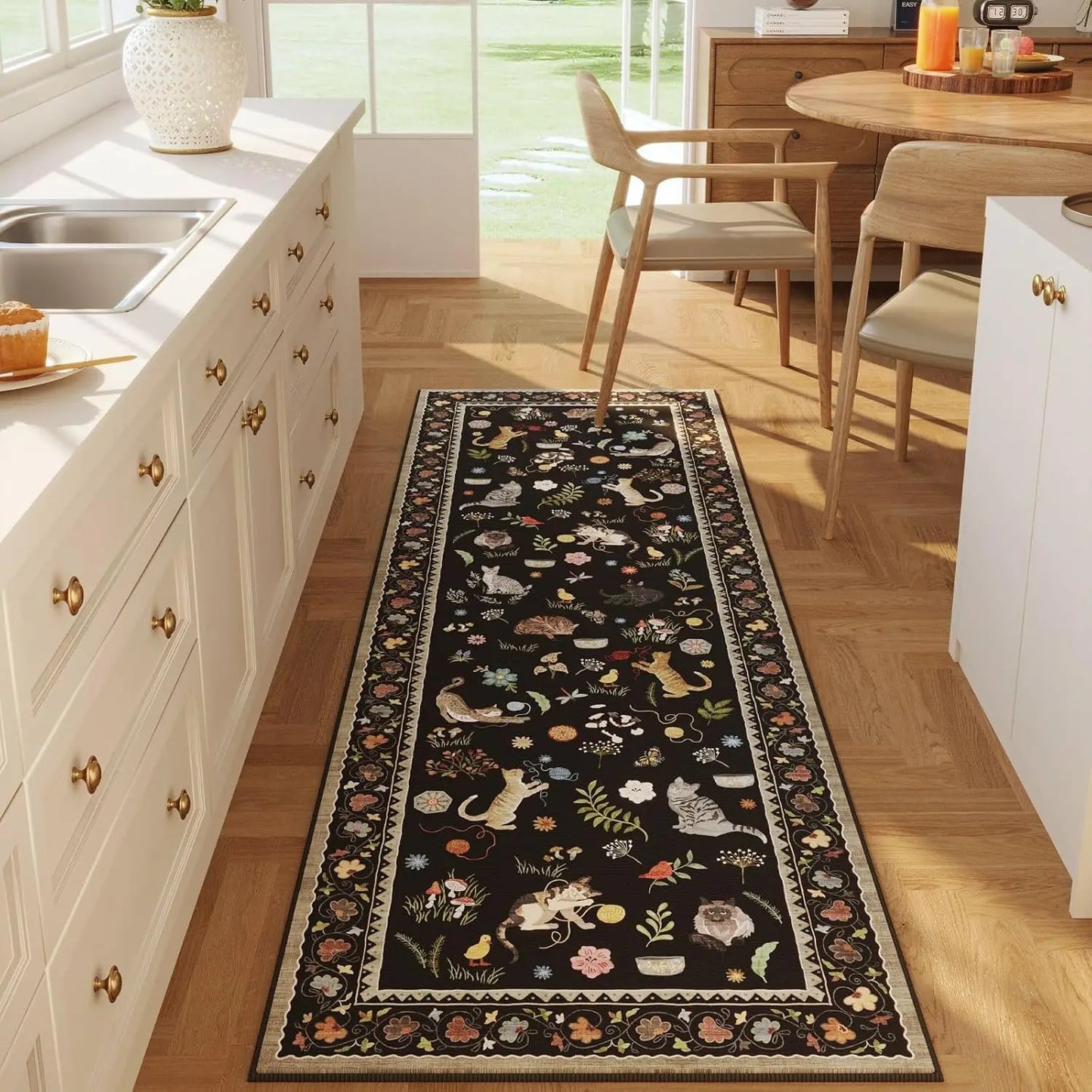 Vintage Cat Floral Runner Rug