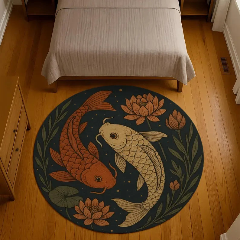 Japanese Koi Fish Round Rug Zen Style Non-Slip Carpet Living Room Bedroom Home Decor
