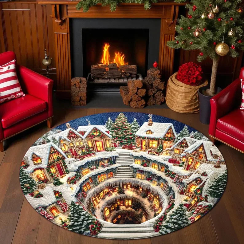 Christmas 3D Illusion Round Rug Santa Snow Scene Non-Slip Floor Mat Living Room Xmas Party Decor