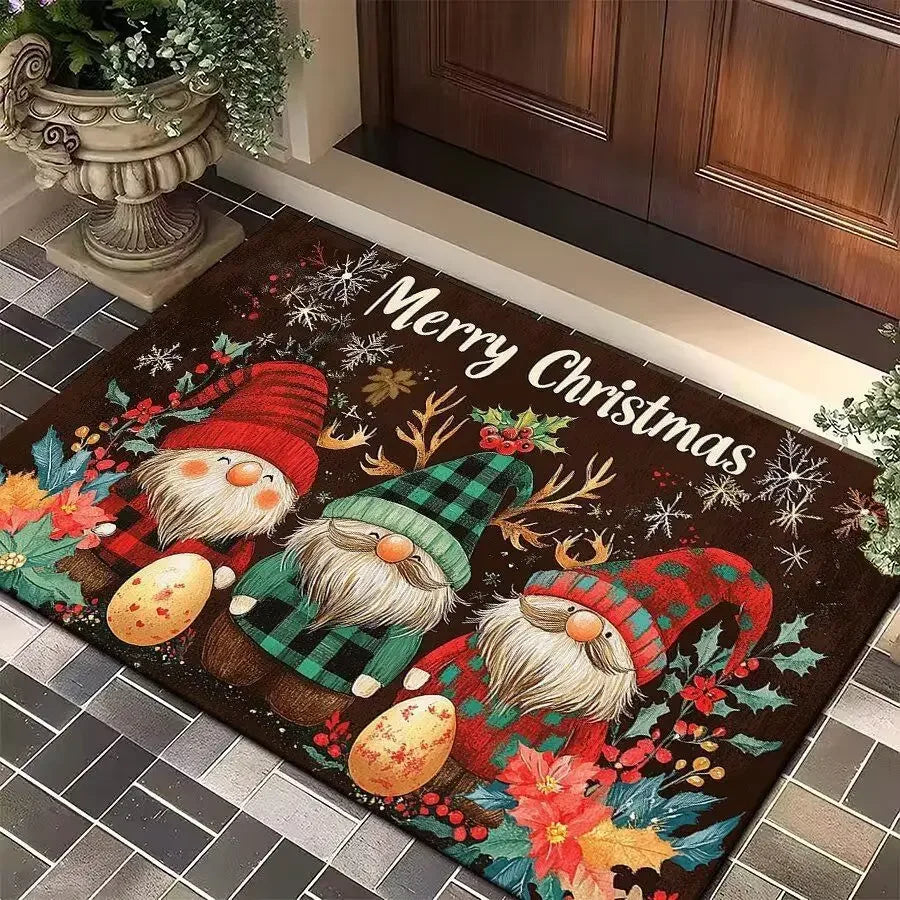 Merry Christmas Flannel Door Mat Printed Absorbent Machine Washable Foot Mat Holiday Decoration