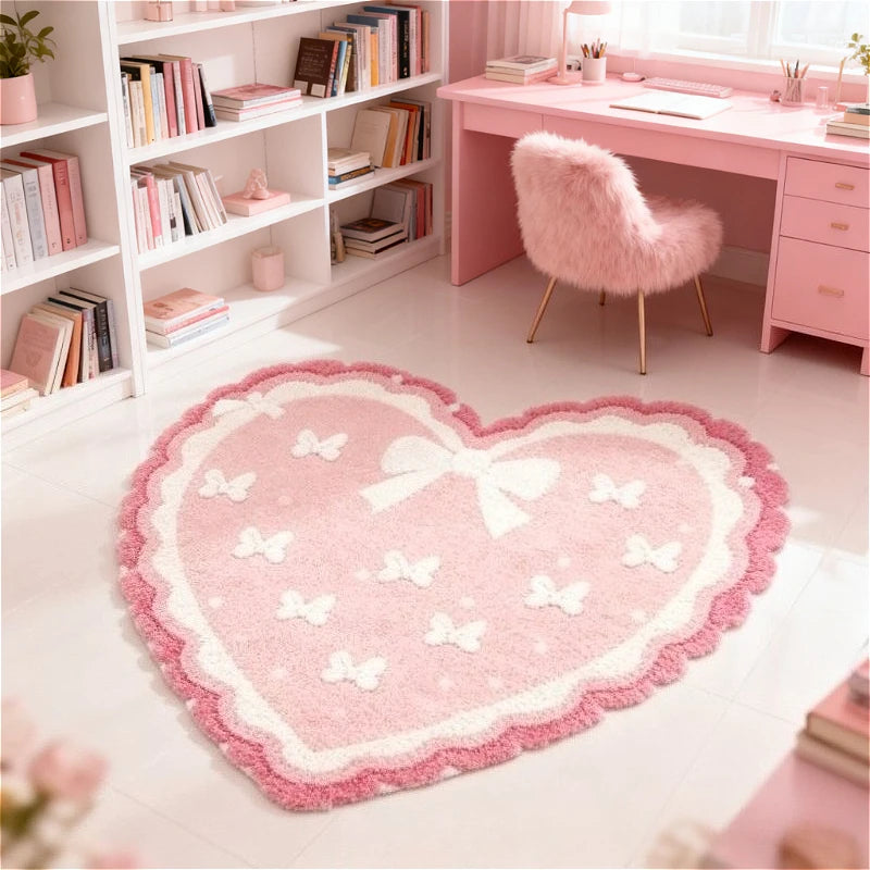 VIKAMA Bow Tie Heart Plush Rug Pink Fluffy Bedroom Bedside Valentine Decor