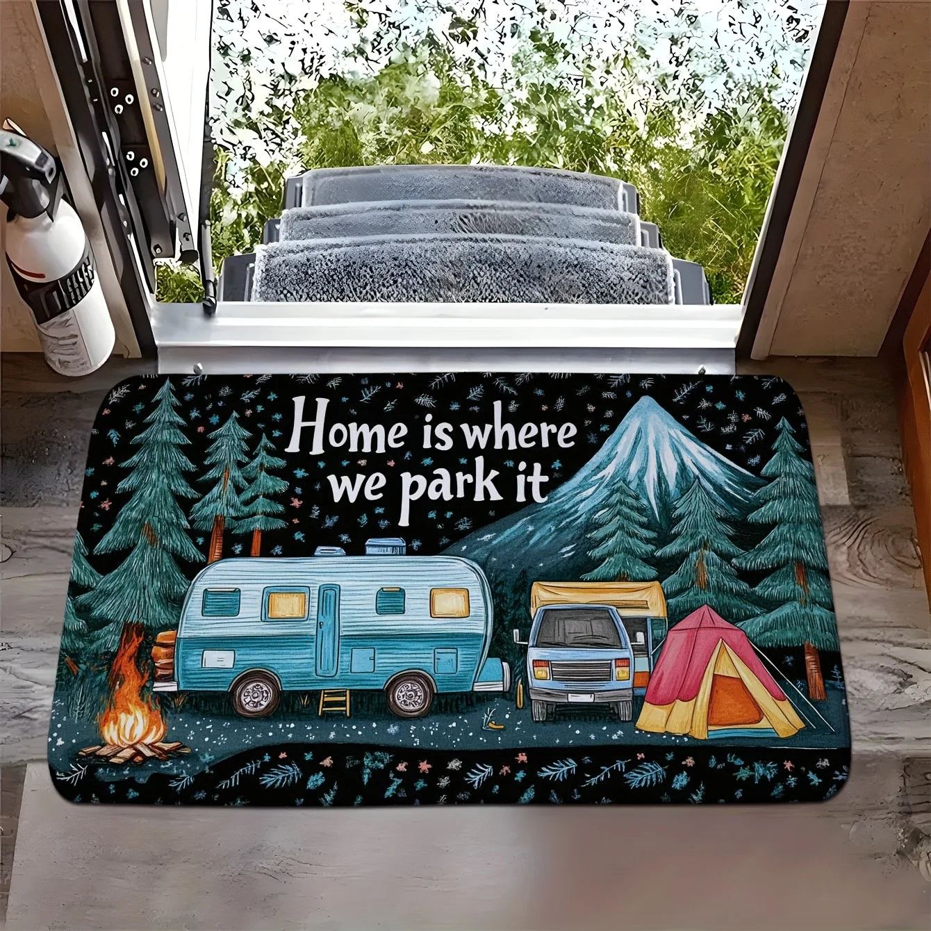 VIKAMA Happy Camper Rug Creative Style Doormat Welcome Mat Warm Non-Slip Bedroom Living Room Bathroom Carpet Home Decor