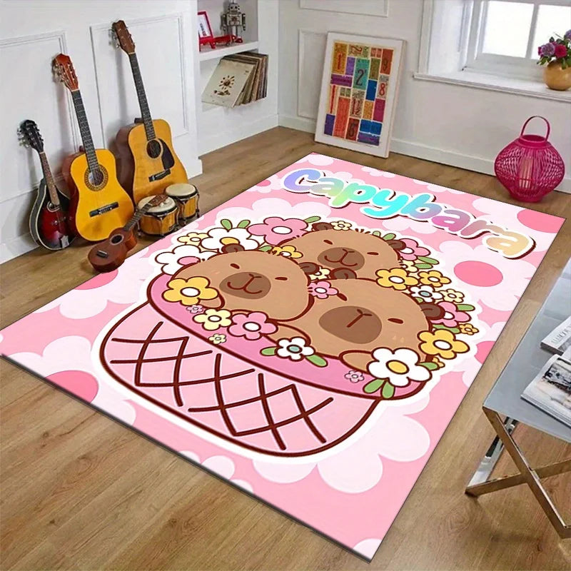 Cute Capybara Cartoon Rug Lucky Heart Pattern Non-Slip Carpet Kids Room Living Room Home Decor Playful Animal Mat