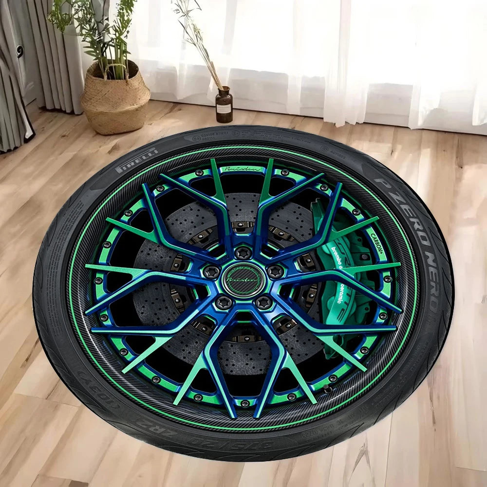 Sporty wheel rim design accent rug