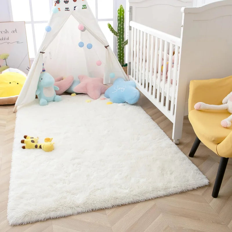 VIKAMA White Silk Wool Rug Soft Fluffy Non-Slip Washable Bedroom Living Room Kids Room Decor