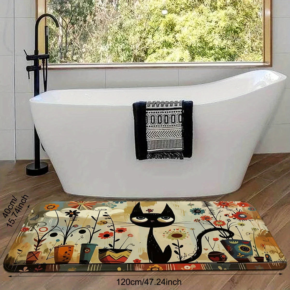VIKAMA Black Cat Pattern Rug Waterproof Non-Slip Kitchen Long Carpet Bathroom Bedroom Living Room Floor Mat Home Decor