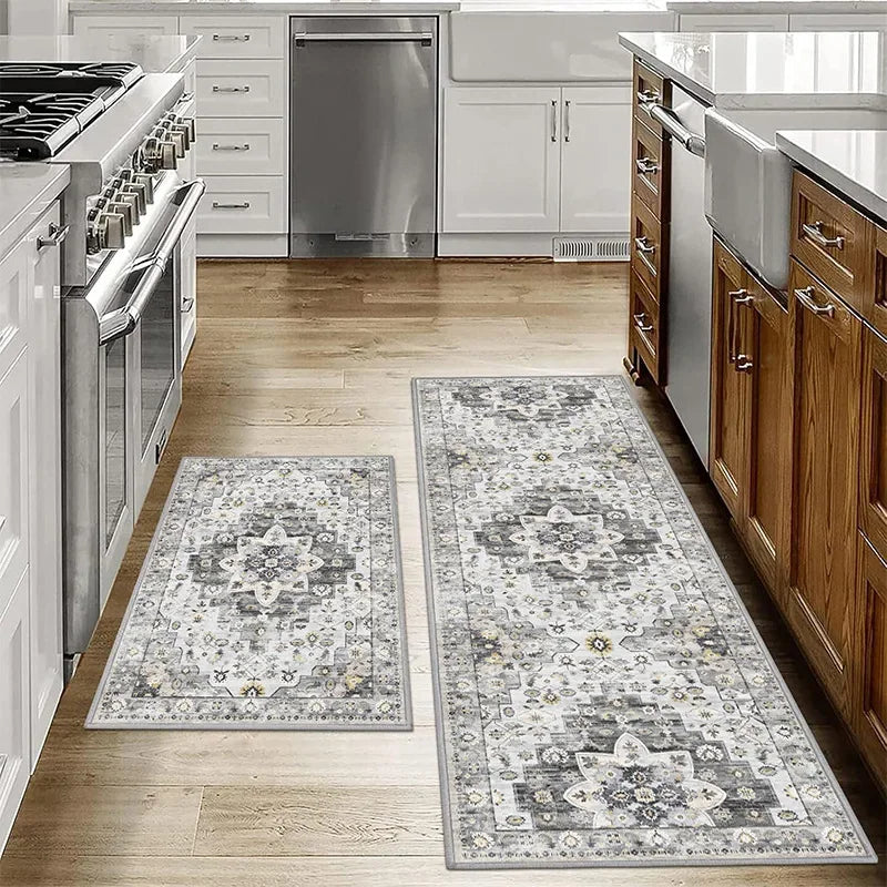 VIKAMA Bohemian Anti-Slip Washable Kitchen & Bathroom Floor Mat Set