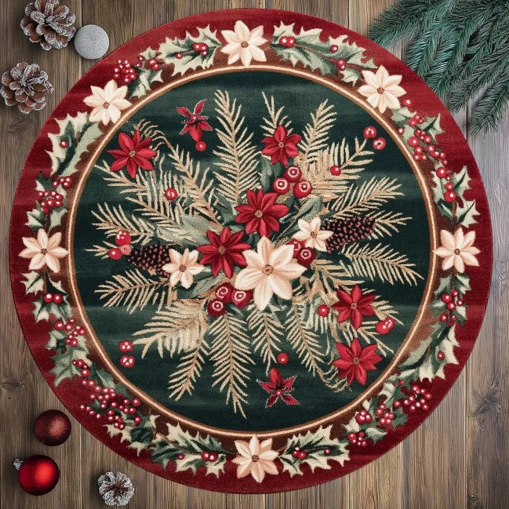 VIKAMA Christmas Poinsettia Round Non-Slip Area Rug
