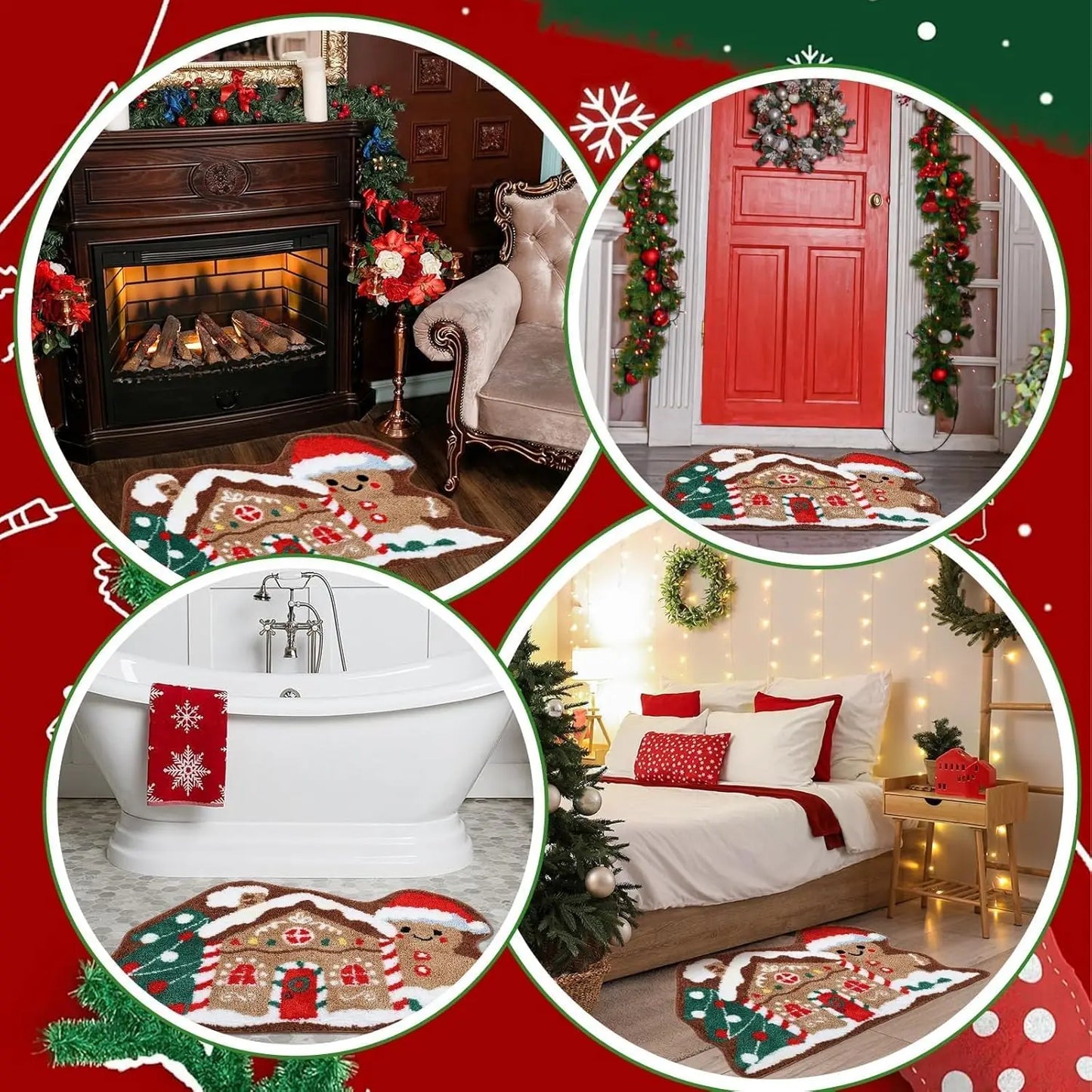 VIAMA Christmas Gingerbread House Rug Soft Non-Slip Bathroom Door Mat Holiday Floor Carpet