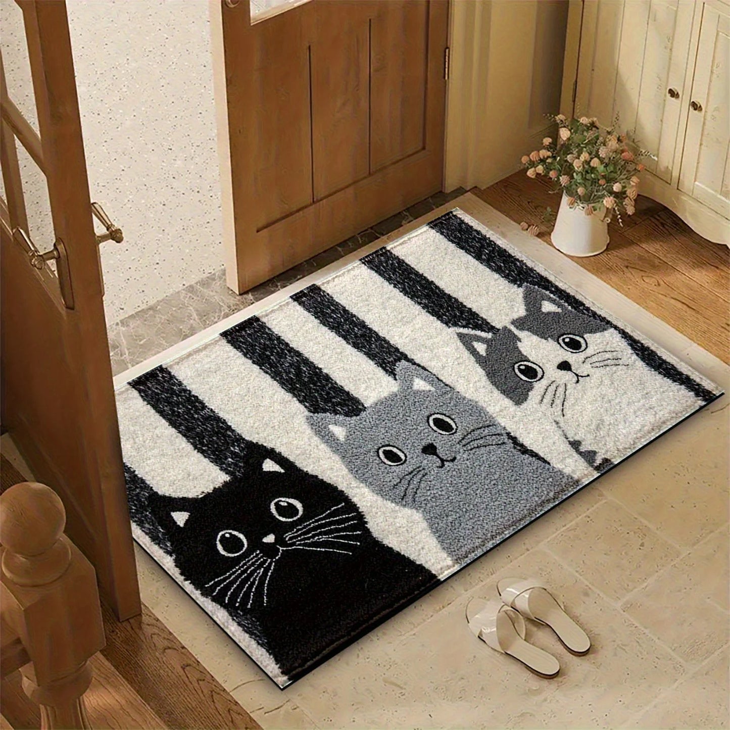 VIKAMA Striped Cartoon Cat Rug Soft Waterproof Non-Slip Doormat Bedroom Living Room Outdoor Floor Carpet Home Decor
