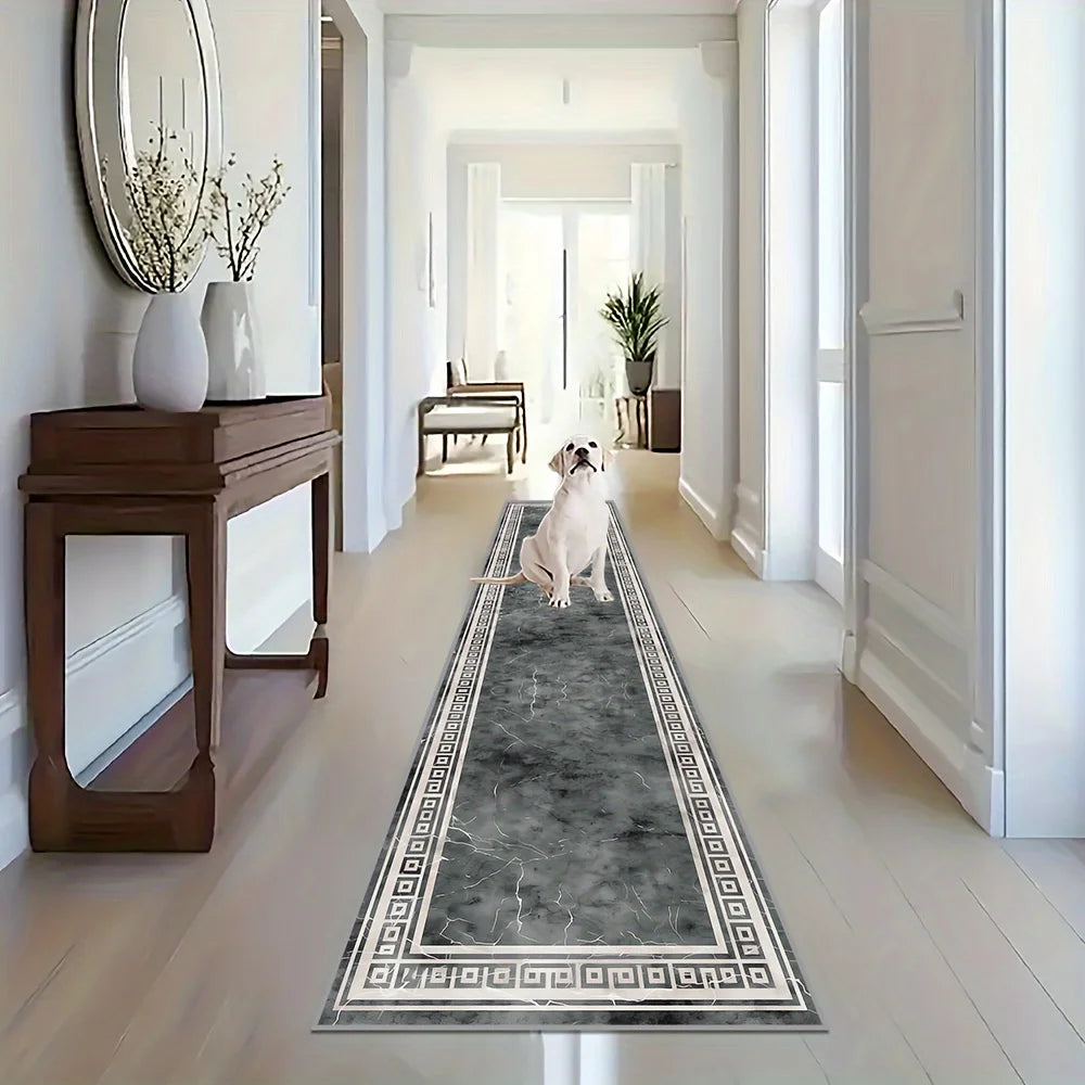 Black & gray marble runner rug for hallway kitchen living room decor