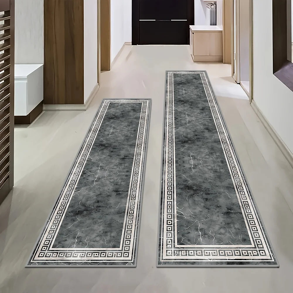 Black & gray marble runner rug for hallway kitchen living room decor