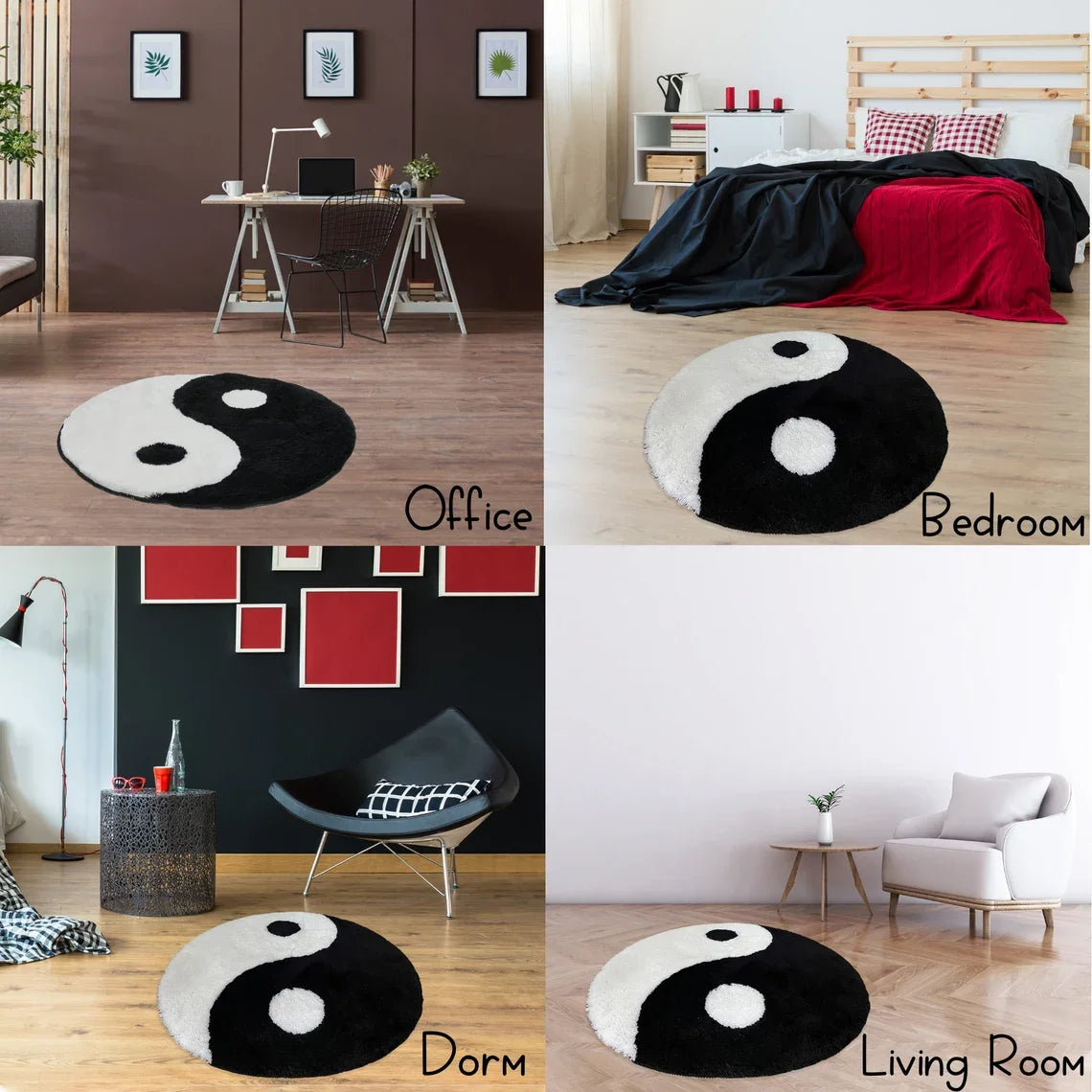 LAKEA Yin Yang Fluffy Round Black White Rug