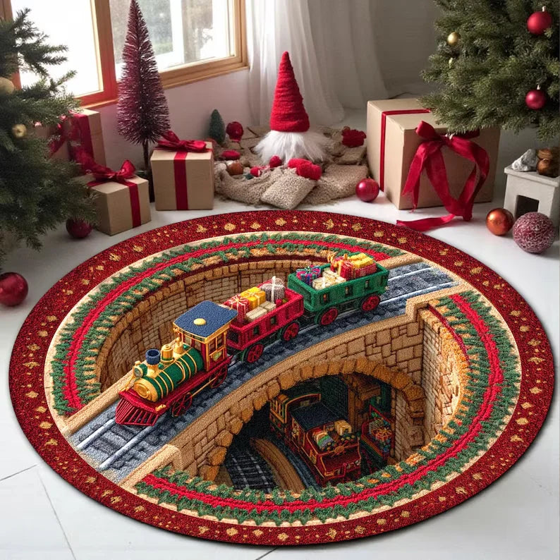 3D Christmas train round rug cozy holiday mat