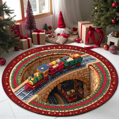 3D Christmas train round rug cozy holiday mat