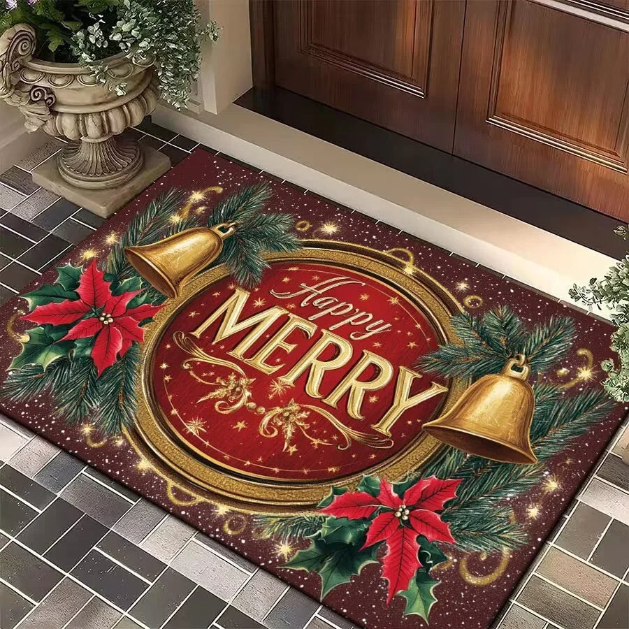 Red Merry Christmas Carpet Bathroom Mat Anti-Slip Retro Absorbent Door Mat New Year Party Home Decoration Rug