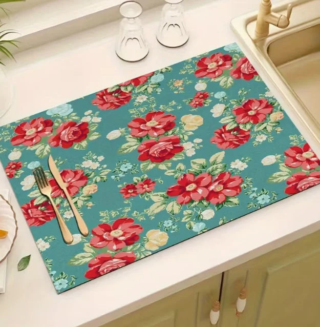 White Floral Absorbent Kitchen Drying Mat