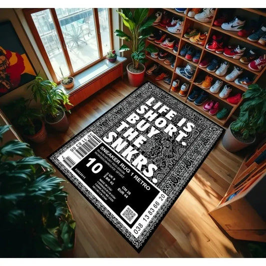 Sneaker Rug “Life Is Short Buy the SNKRS” Shoe Tag Barcode Streetwear Non-Slip Carpet Mat Home Decor