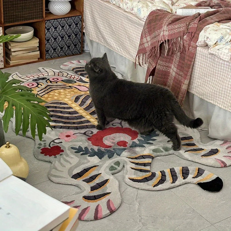 Fluffy tiger-print irregular shape area rug non-slip washable living room carpet