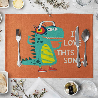 Cartoon Green Dinosaur Cotton Linen Kids Placemat Set