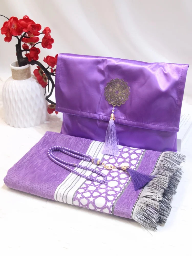 Muslim prayer rug set with beads and bag
