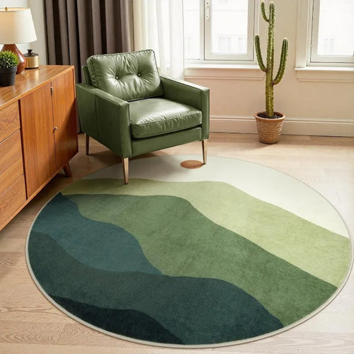 Large Round Geometric Landscape Rug Green Mountain Layers Modern Non-Slip Carpet Living Room Bedroom Home Decor