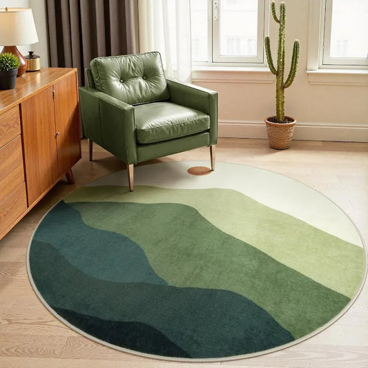 Large Round Geometric Landscape Rug Green Mountain Layers Modern Non-Slip Carpet Living Room Bedroom Home Decor