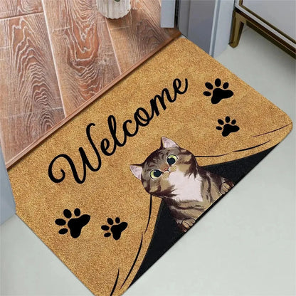 Cute Cat Pattern Non-Slip Entrance Door Mat Washable Welcome Mat Bathroom Kitchen Bedroom Home Decor Small Rug