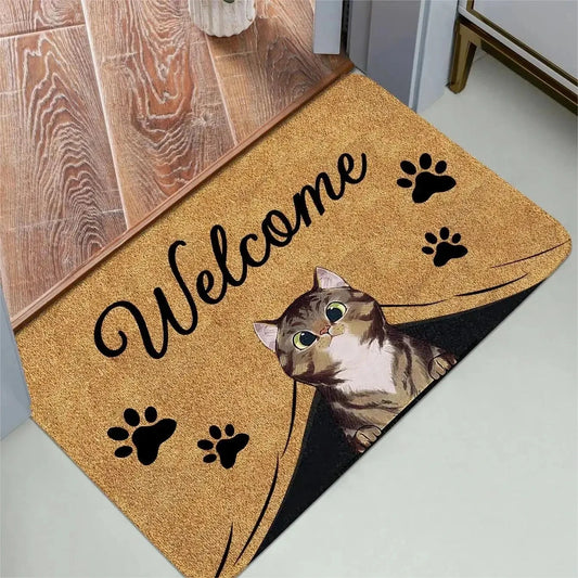 Cute Cat Pattern Non-Slip Entrance Door Mat Washable Welcome Mat Bathroom Kitchen Bedroom Home Decor Small Rug