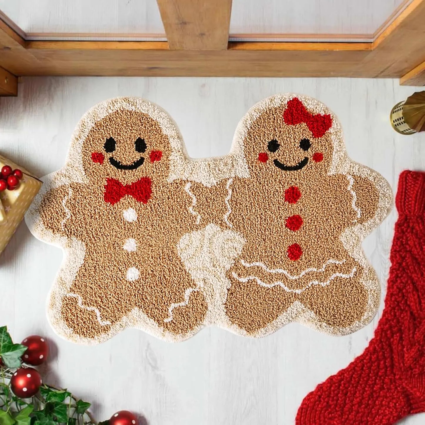 VIKAMA Christmas Gingerbread Man Couple Non-Slip Absorbent Area Rug