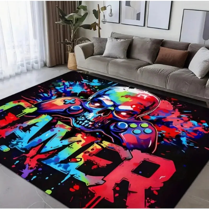 Gaming Player Flannel Floor Mat Halloween Controller Pattern Non-Slip Carpet Game Room Atmosphere Rug Home Decor