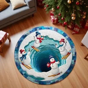 Christmas Round Carpet Blue Snow 3D Printed Non-Slip Rug Living Room Holiday Party Decor Christmas Gift