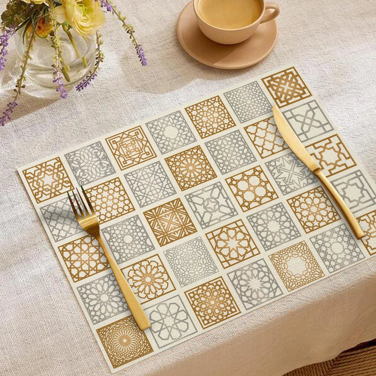 Moon Oil Lamp Print Linen Placemat Heat-Resistant Anti-Scald Table Mat Festive Western Tableware Decor