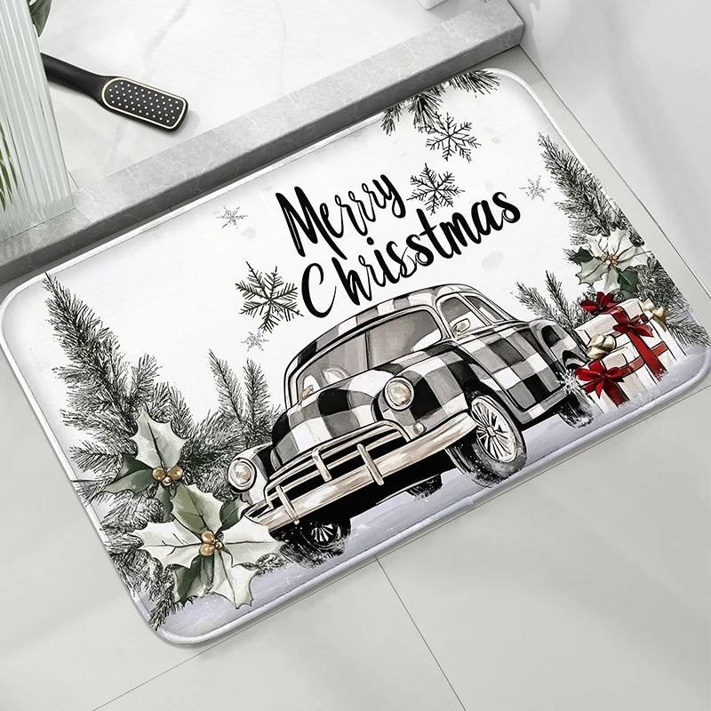 Christmas Themed Bathroom Mat Non-Slip Absorbent Shower Room Carpet Machine Washable Entrance Door Rug Home Decor