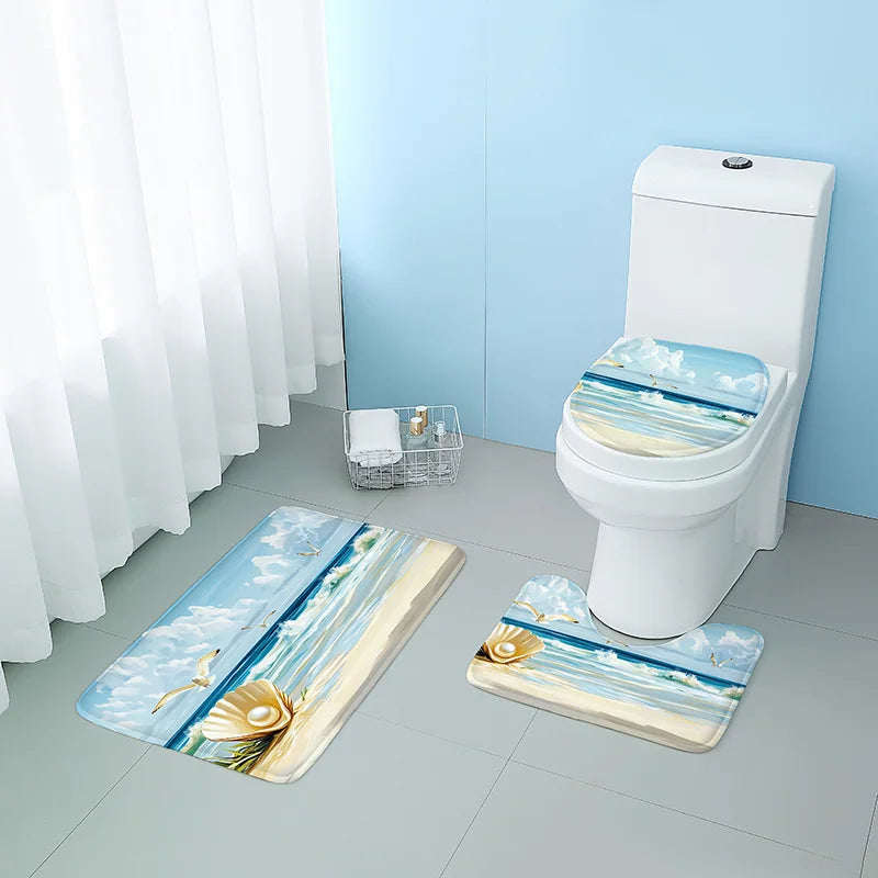 Washable 3-Piece Bathroom Rug Set Non-Slip Ocean Theme Flannel Shell Print Toilet Mat Bathtub Foot Pad Door Rug Home Decor