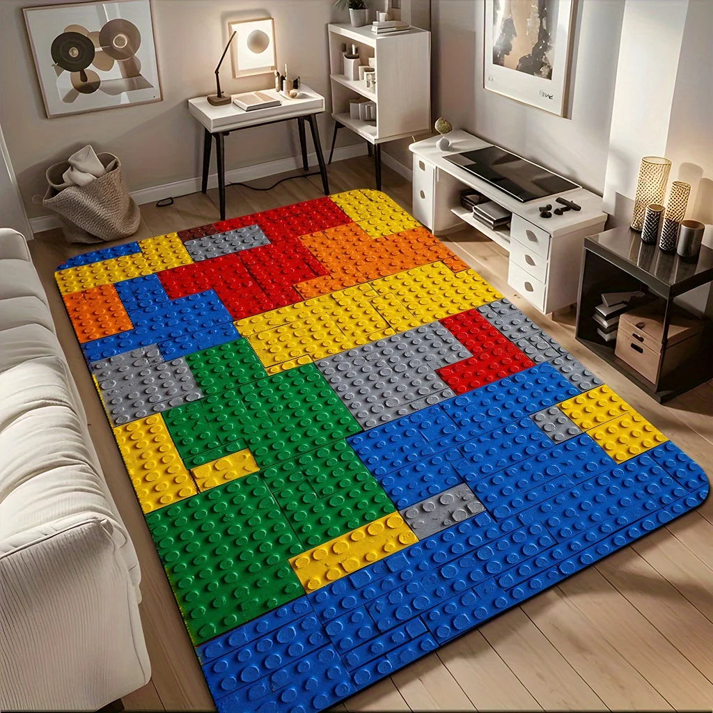 Colorful Building Blocks Rug Creative Puzzle Design Non-Slip Carpet Kids Room Playroom Living Room Bedroom Home Decor