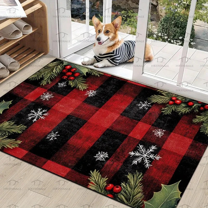 Christmas Welcome Mat Red Green Wreath Holly Floor Rug Holiday Decor Door Mat