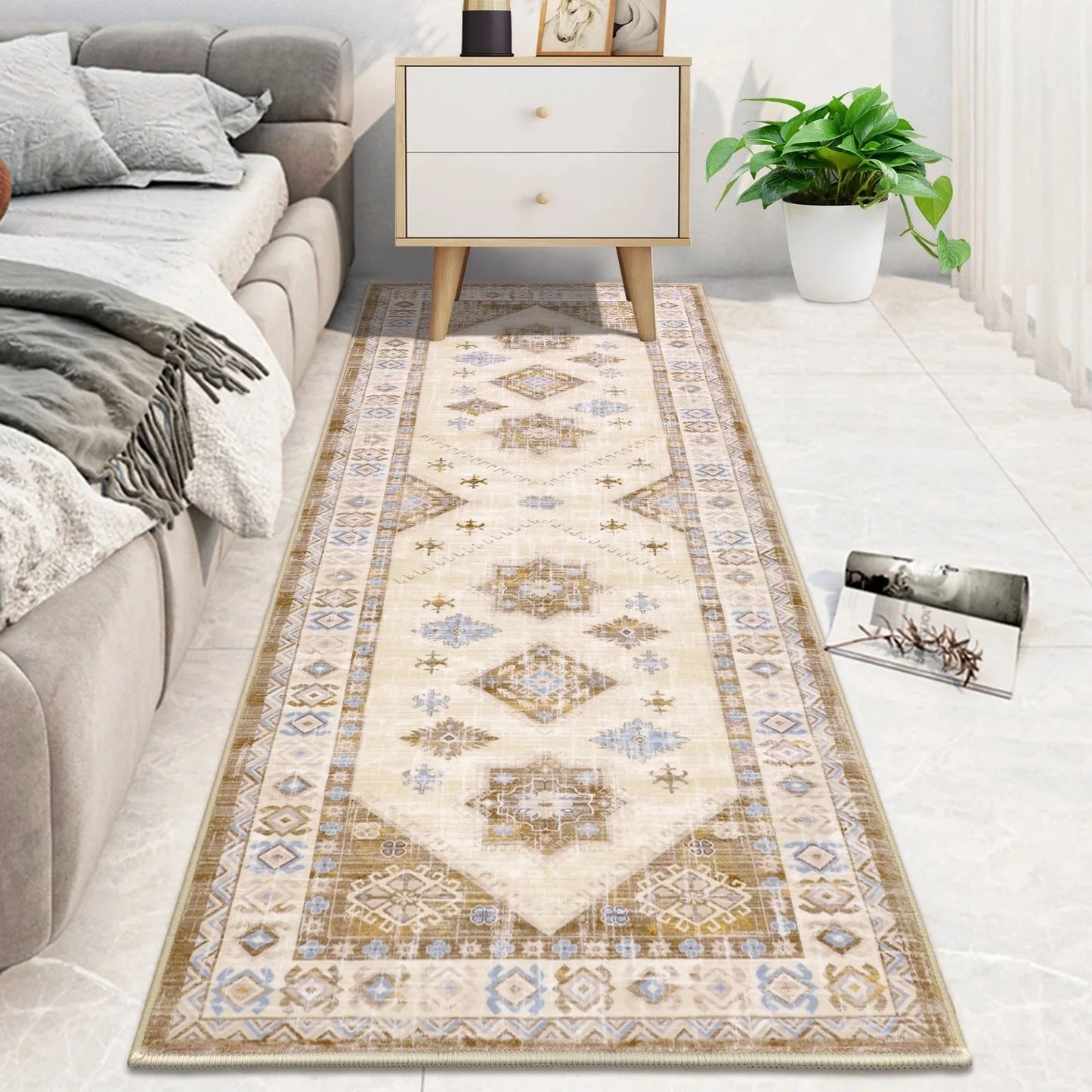 VIKAMA Bohemian Crystal Velvet Easy-Care Hallway Area Rug