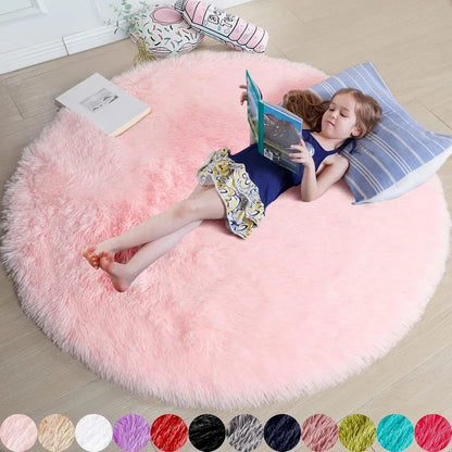 VIKAMA Pink Round Plush Rug Non-Slip Soft Bedroom Living Room Baby Crawling Mat Home Decor