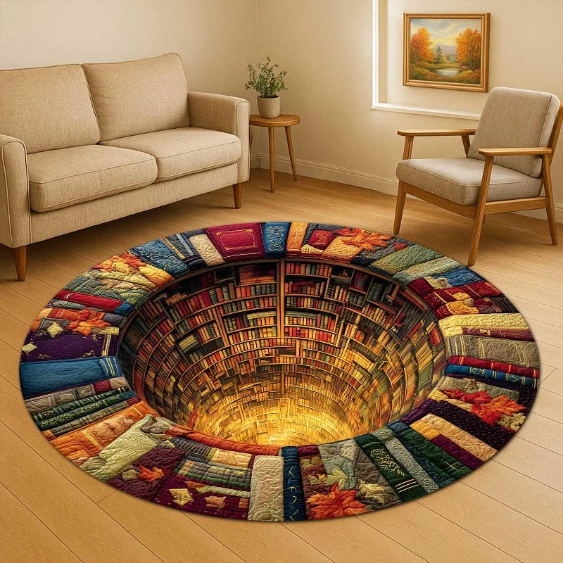 3D library books optical illusion round rug