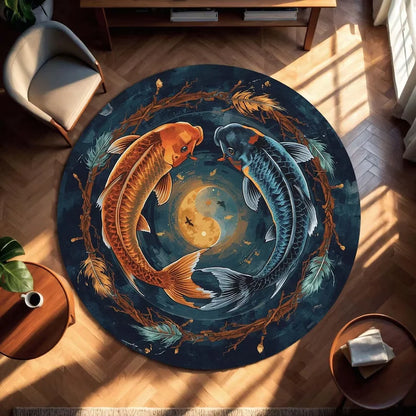 Japanese Koi Fish Round Rug Zen Style Non-Slip Carpet Living Room Bedroom Home Decor