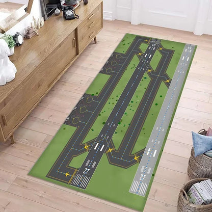 Green airplane runway kids play rug