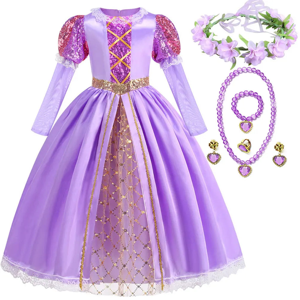 Disney Rapunzel Purple Puffy Dress With Accessories For Girls