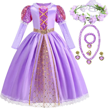 Disney Rapunzel Purple Puffy Dress With Accessories For Girls