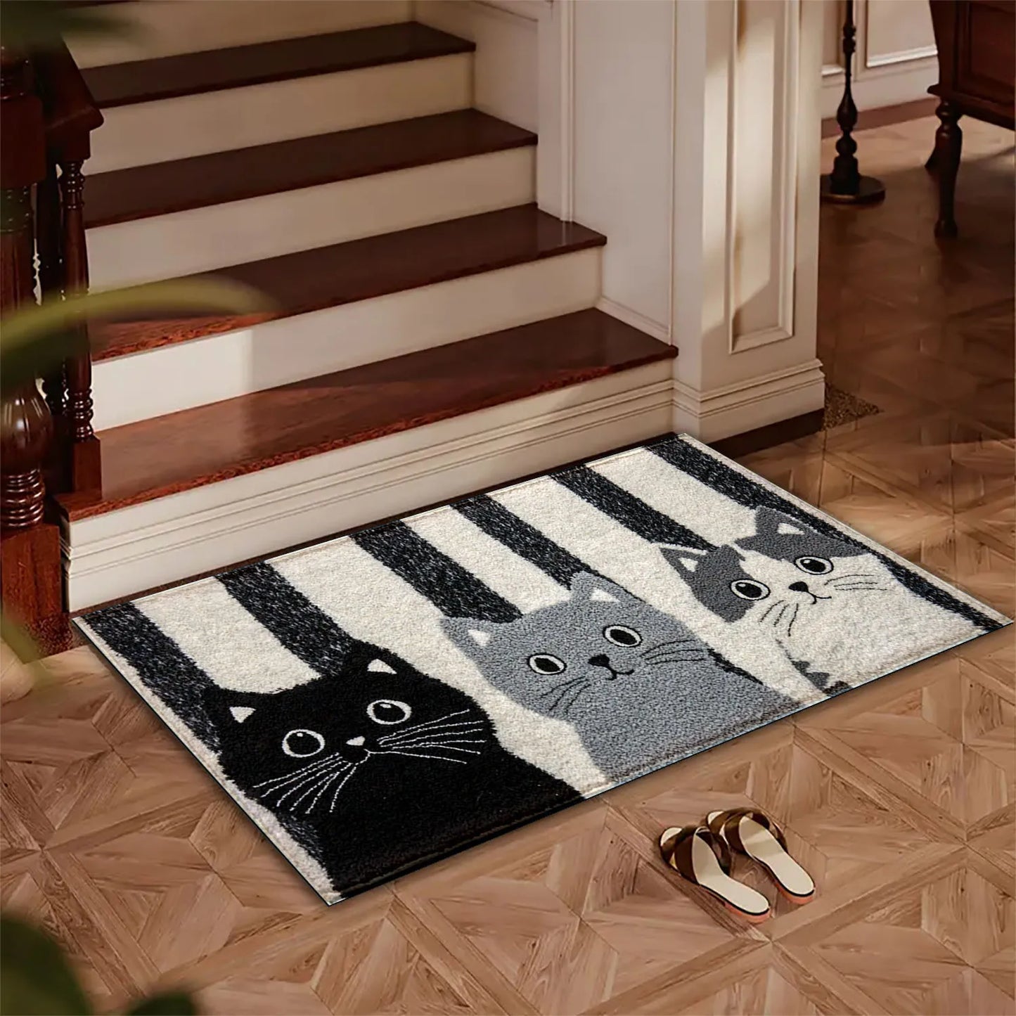 VIKAMA Striped Cartoon Cat Rug Soft Waterproof Non-Slip Doormat Bedroom Living Room Outdoor Floor Carpet Home Decor