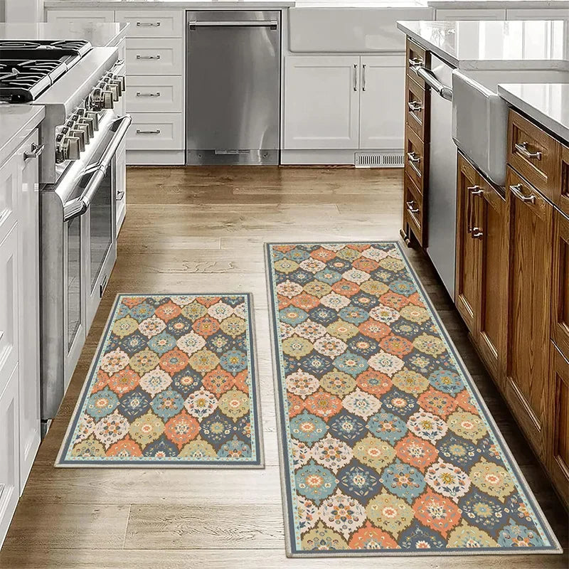 VIKAMA Bohemian Anti-Slip Washable Kitchen & Bathroom Floor Mat Set